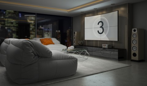home theater space with luxury seating and a large screen with the number three on it.